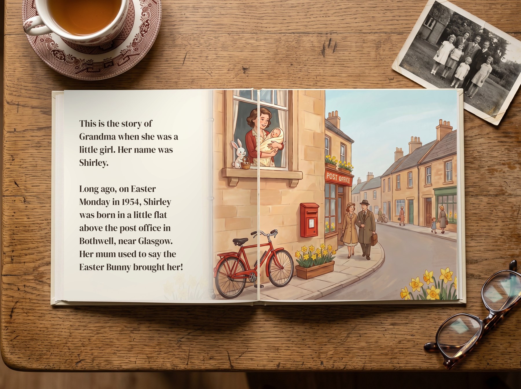 The book open on a kitchen table at its first page: Long ago, on Easter Monday in 1954, a baby girl called Shirley was born in a little flat above the post office in Bothwell