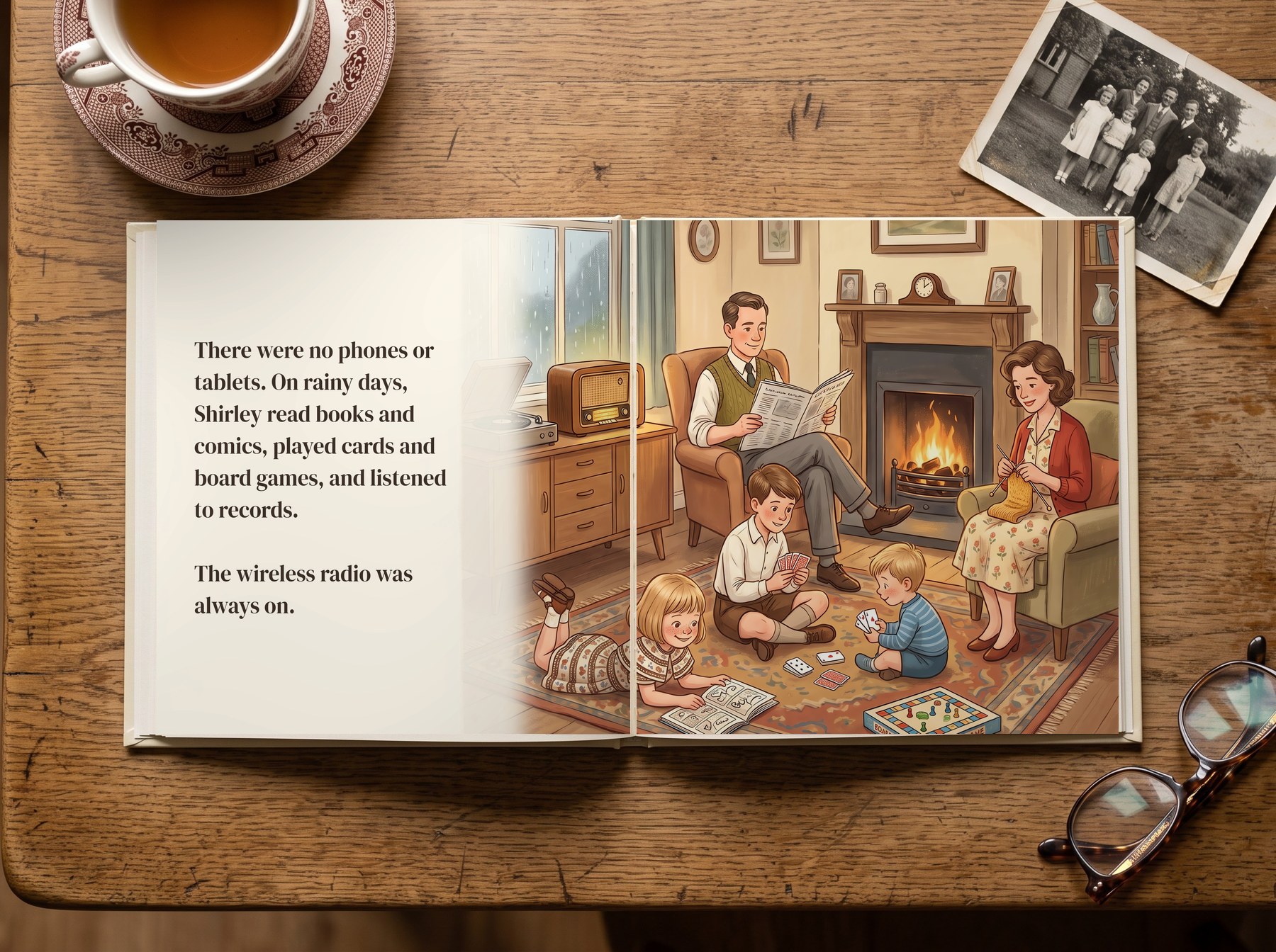 The book open at a rainy-day page: Shirley and her brothers play board games while Dad reads the paper beside the gramophone and wireless